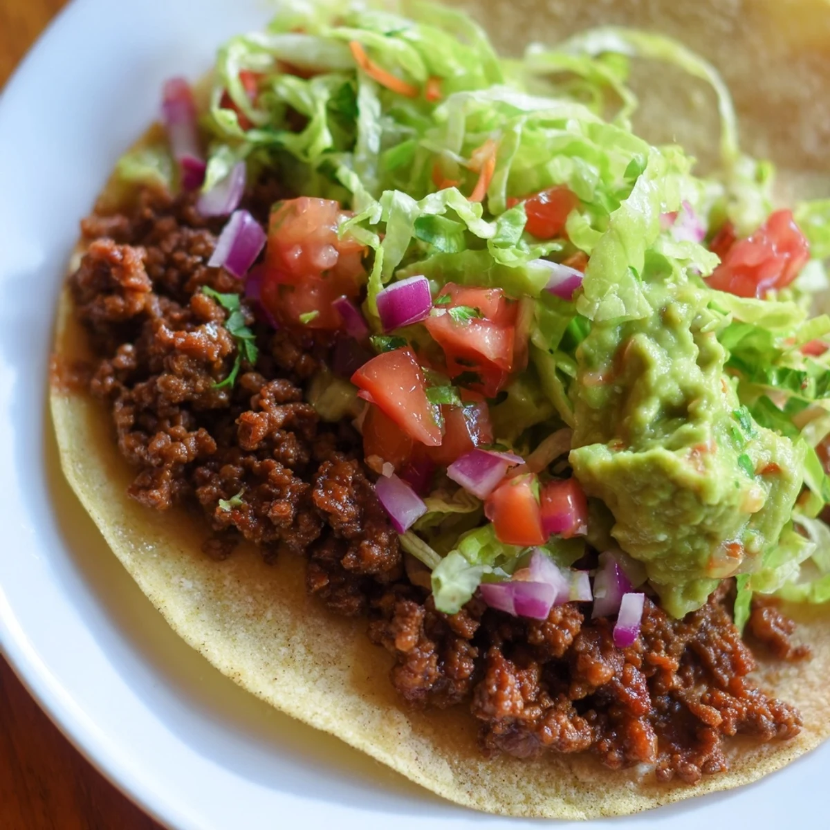 Juicy seasoned ground beef, fresh homemade salsa, and creamy guacamole piled into warm corn tortillas for an easy Mexican dinner.