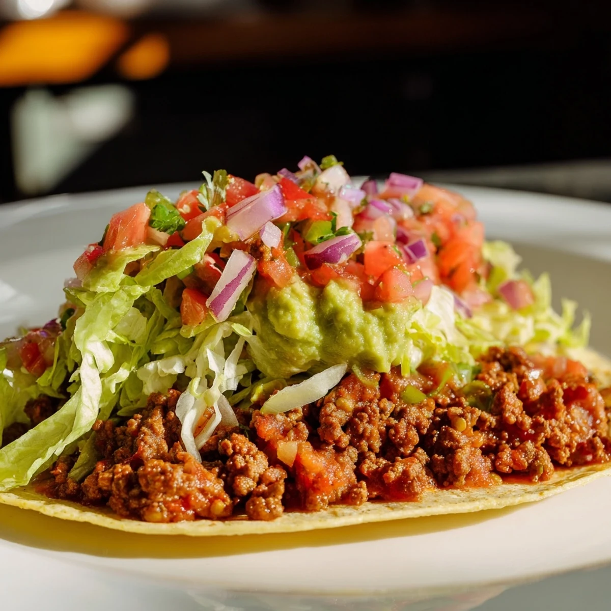 A rustic platter presents two folded beef tacos filled with tender meat, zesty salsa, and cool avocado for a festive meal.