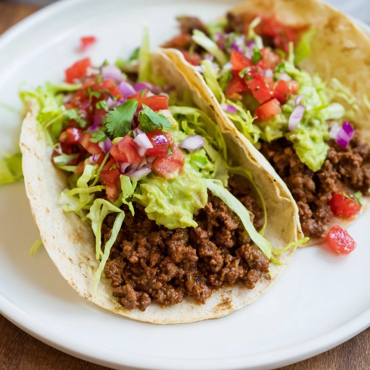 Golden-brown beef mixture simmered with spices, tucked into soft tortillas, topped with vibrant pico de gallo and chunky guacamole.