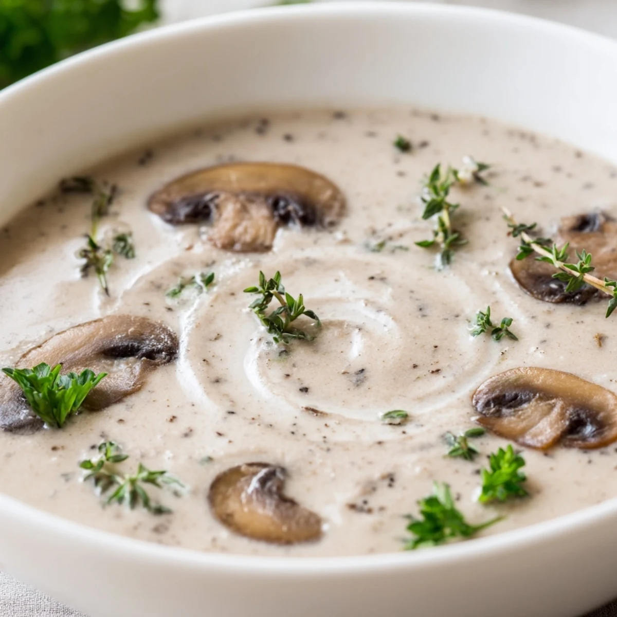 Creamy Mushroom Soup with Thyme in a rustic white bowl, garnished with fresh parsley and fresh thyme sprigs, steaming gently.  