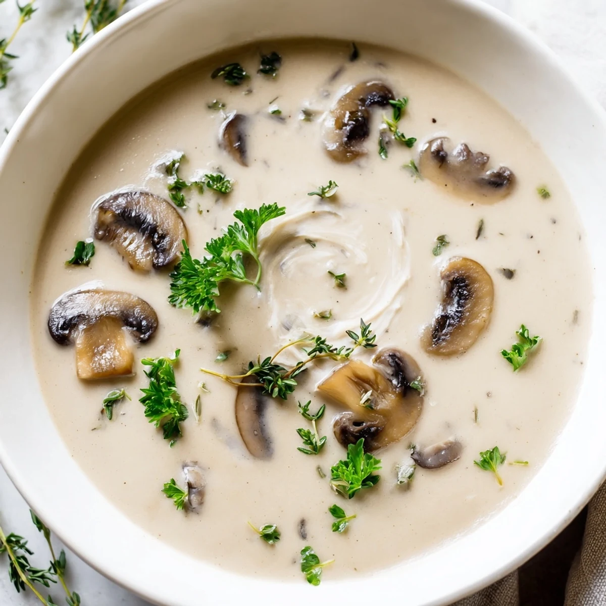 A smooth, velvety Creamy Mushroom Soup with Thyme, served hot with crusty artisan bread for dipping on the side.  