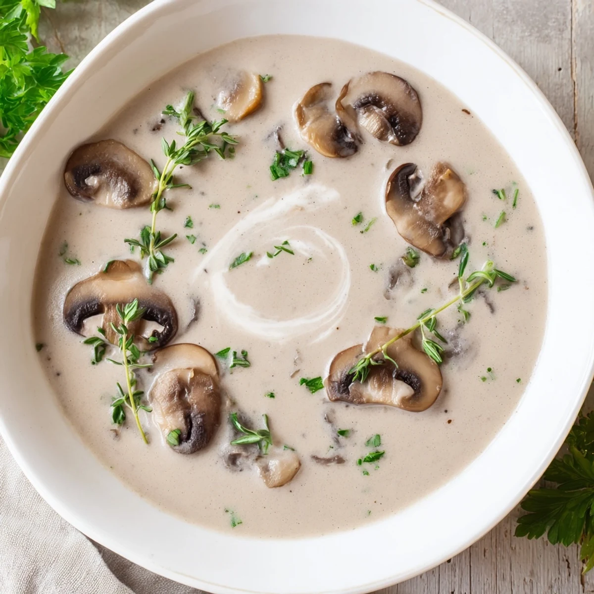 Comforting bowl of Creamy Mushroom Soup with Thyme, topped with chopped parsley and a swirl of rich cream.
