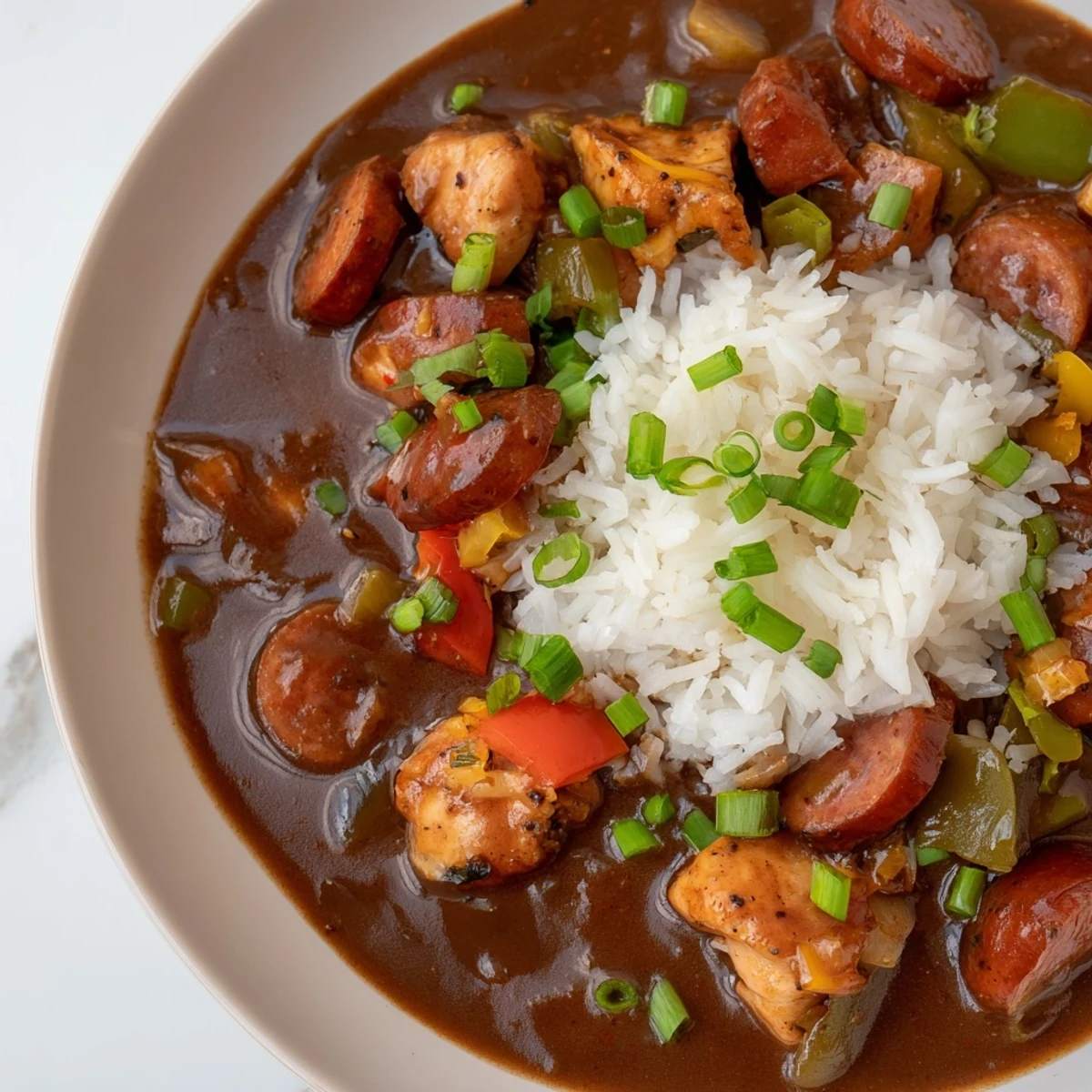 A steaming bowl of Cajun Chicken and Sausage Gumbo, served over fluffy white rice and garnished with fresh green onions.