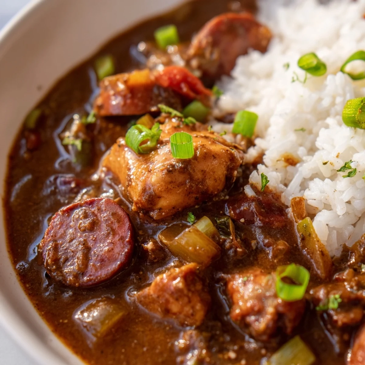 Tender chicken thighs and smoky andouille sausage simmer in a rich, dark roux-based broth with aromatic vegetables.