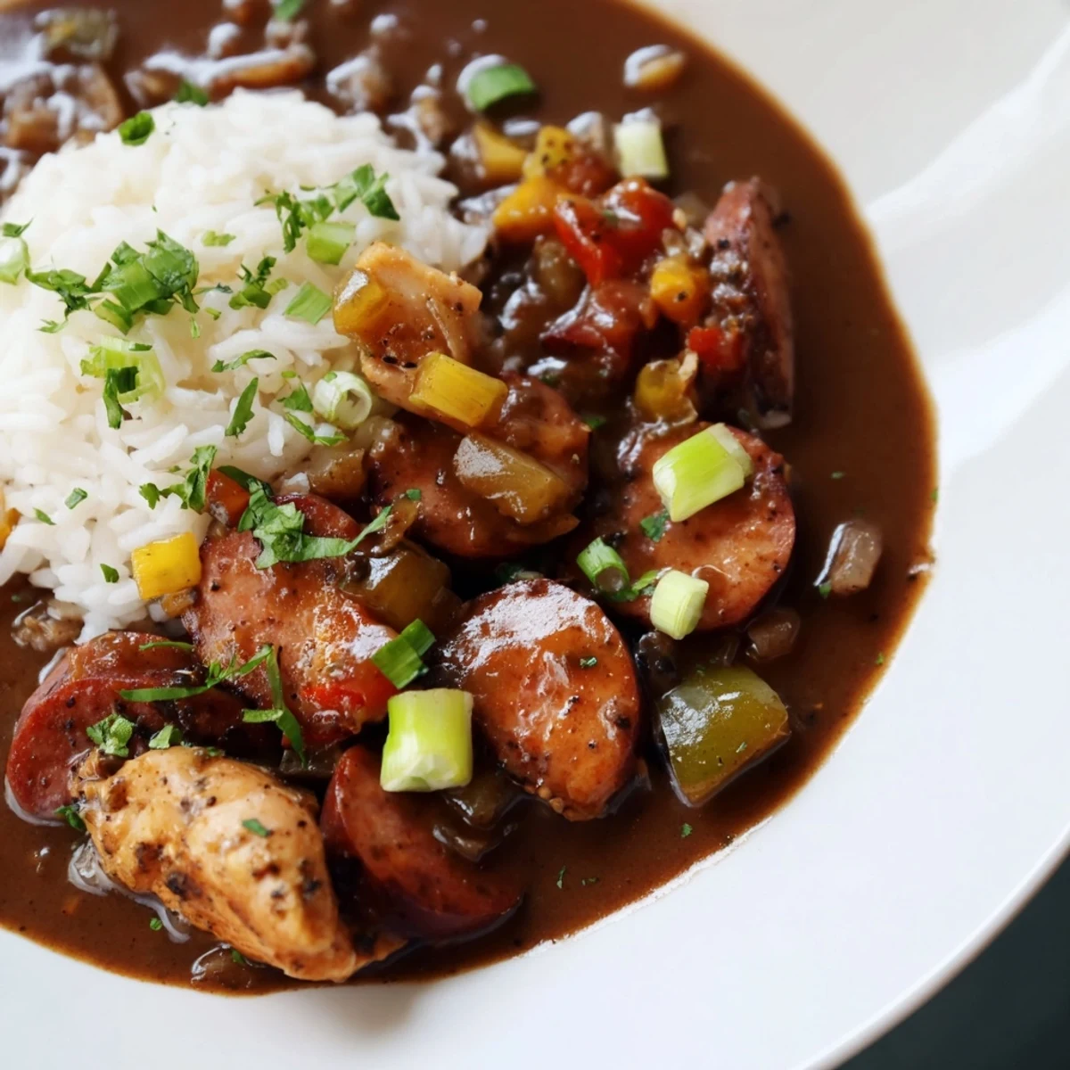 A hearty serving of Cajun Chicken and Sausage Gumbo, perfect for a comforting Southern dinner on a chilly evening.