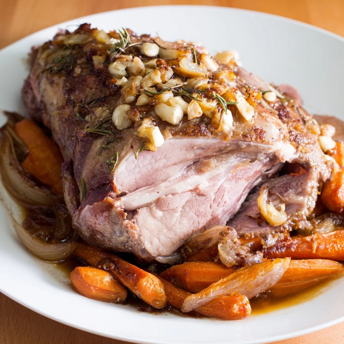 A close-up of roasted lamb leg with rosemary and garlic, glistening with pan juices, served alongside caramelized vegetables.