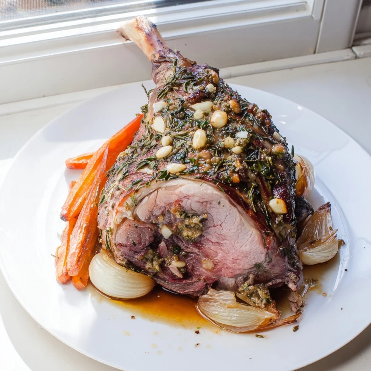 Juicy slices of Roasted Lamb Leg with Rosemary and Garlic plated on a rustic board, showing tender pink meat and herbs.