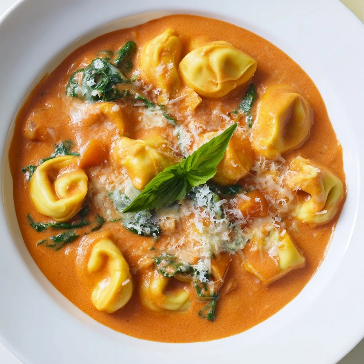Overhead view of One Pot Creamy Tomato Tortellini Soup with a rustic spoon and spinach garnish.