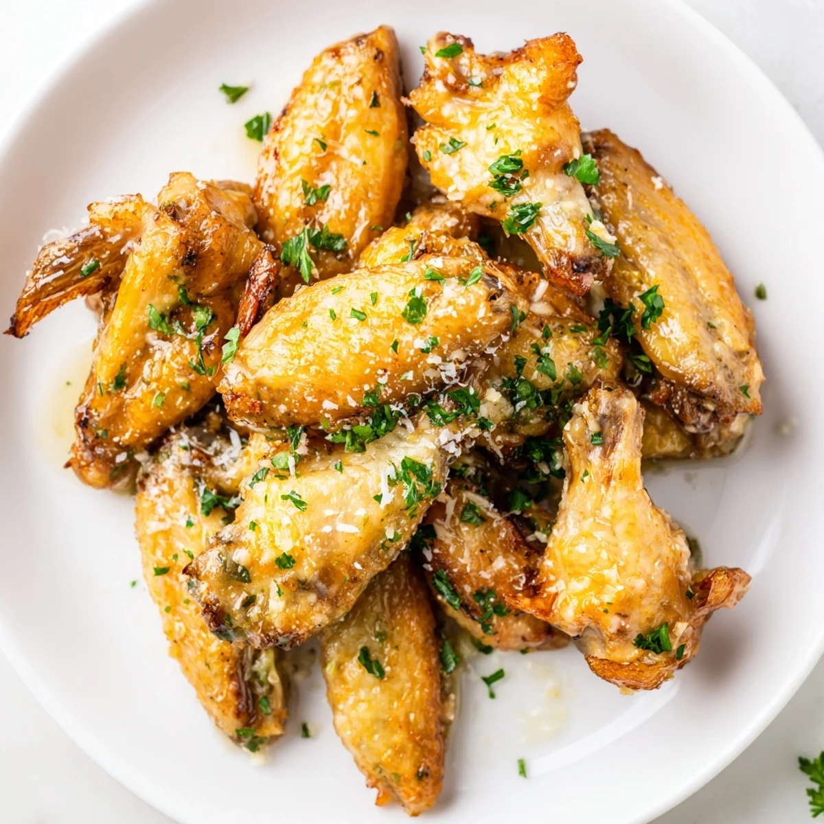 Golden, crispy Air Fryer Garlic Parmesan Chicken Wings tossed in a rich garlic butter sauce, served fresh and hot.  