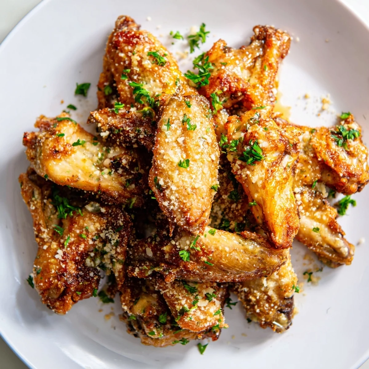 Close-up of Air Fryer Garlic Parmesan Chicken Wings with herbs and parmesan, arranged on a rustic plate with celery.  