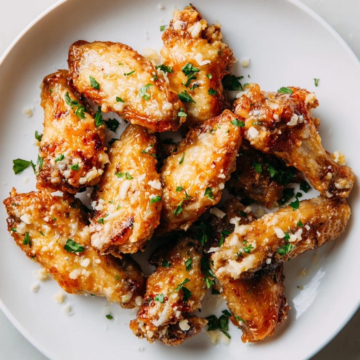 Sizzling Air Fryer Garlic Parmesan Chicken Wings glistening with buttery sauce, ready to serve as a party appetizer.