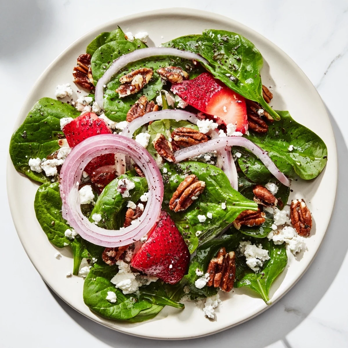 Bright baby spinach and sweet sliced strawberries shine in a Strawberry Spinach Salad with Poppy Seed Dressing, topped with crunchy pecans and creamy feta.
