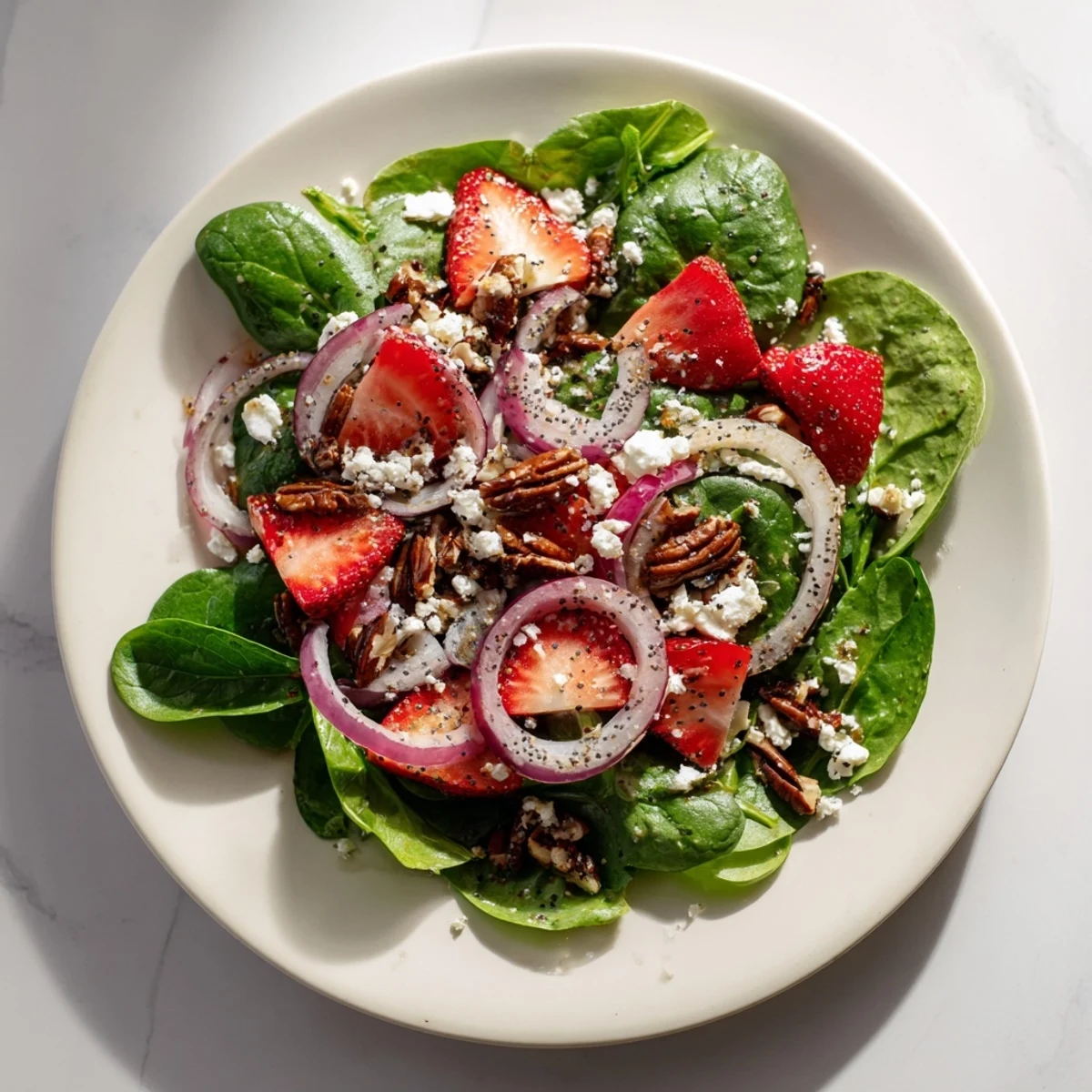 Fresh strawberries and tender spinach tossed with a tangy homemade poppy seed dressing in this Strawberry Spinach Salad, finished with crisp red onion and optional blueberries.