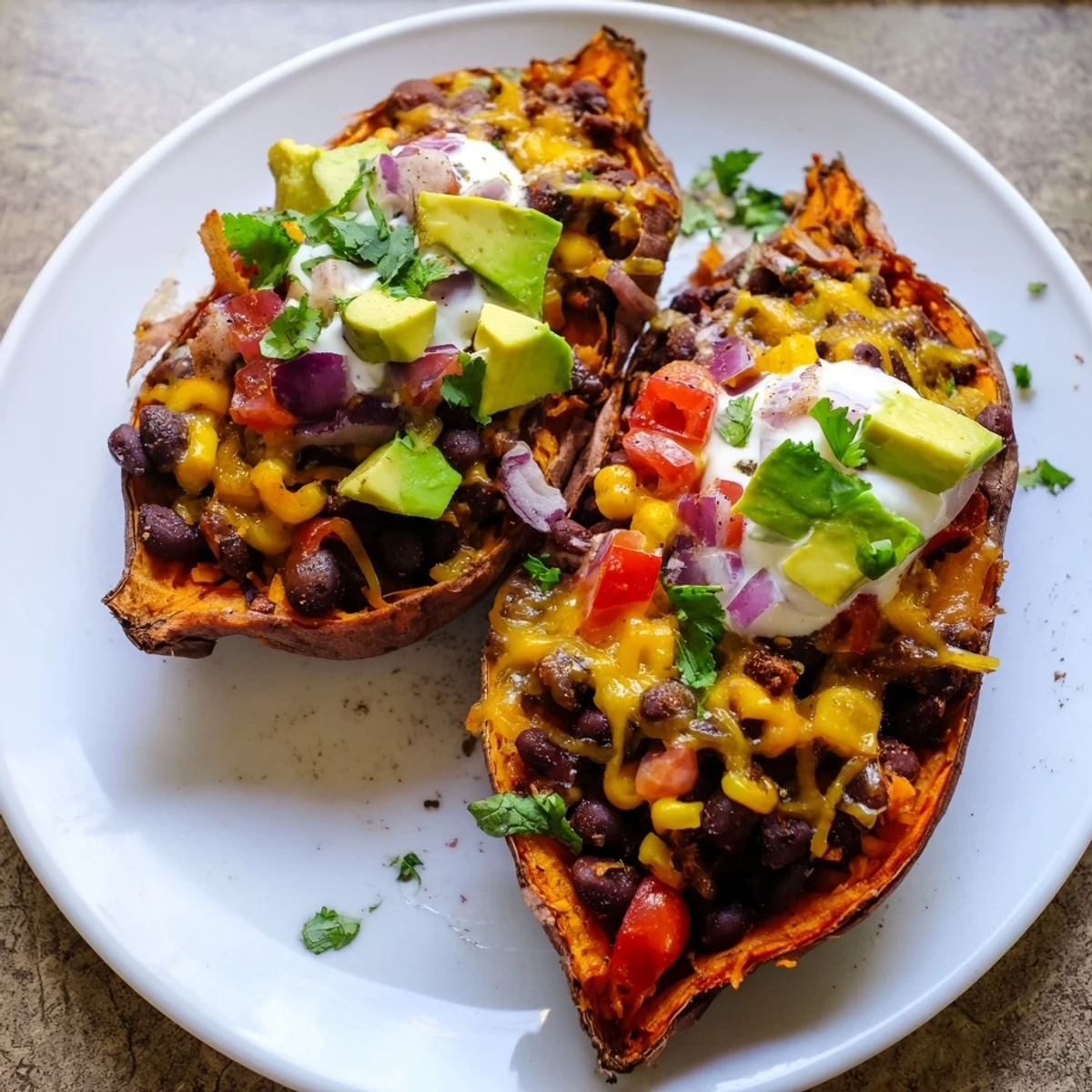 Golden-brown crispy baked sweet potato skins filled with zesty black beans and topped with melted cheese.