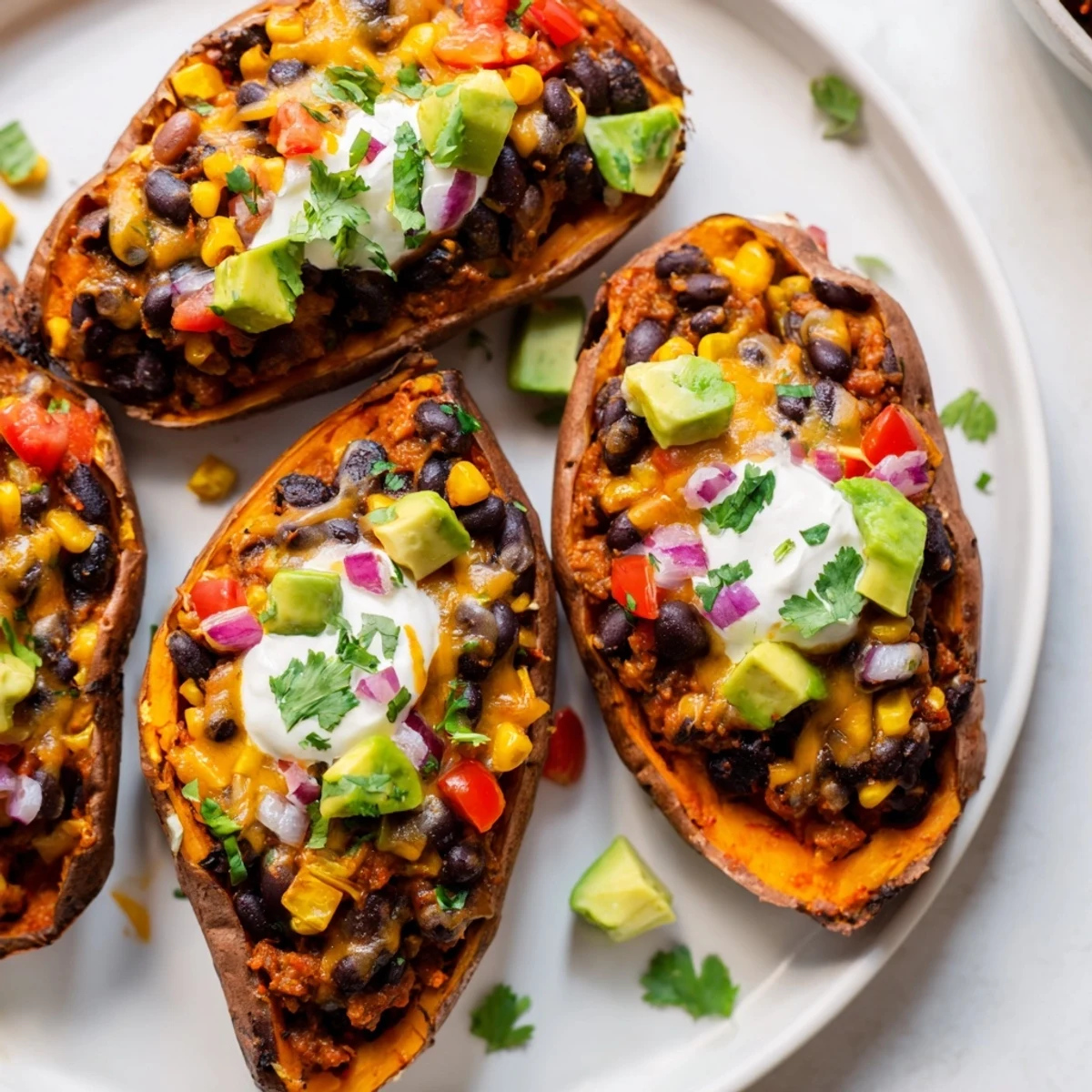 Cheesy Loaded Sweet Potato Skins with Black Beans garnished with fresh avocado and cilantro.