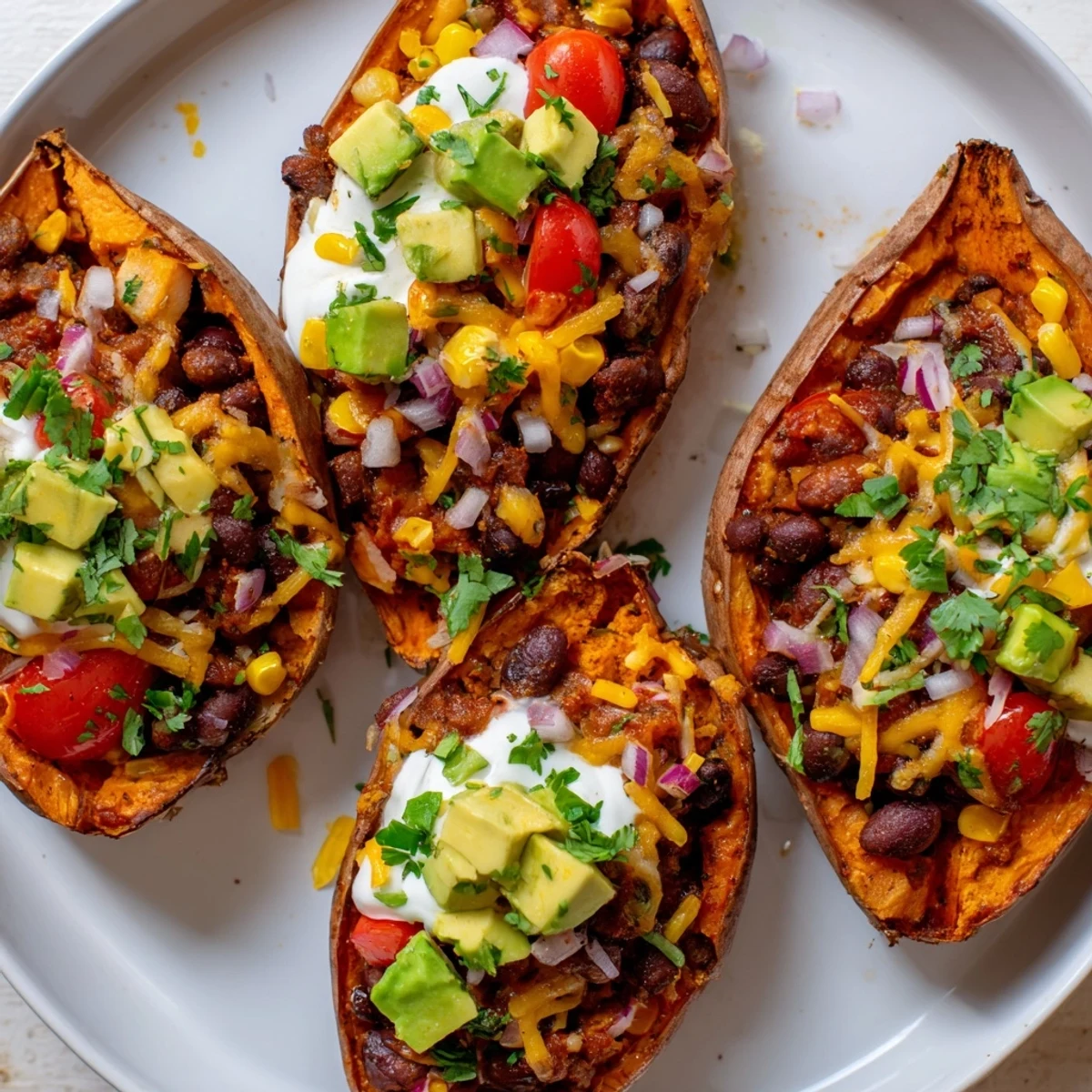 Hearty Loaded Sweet Potato Skins with Black Beans, finished with a dollop of Greek yogurt.