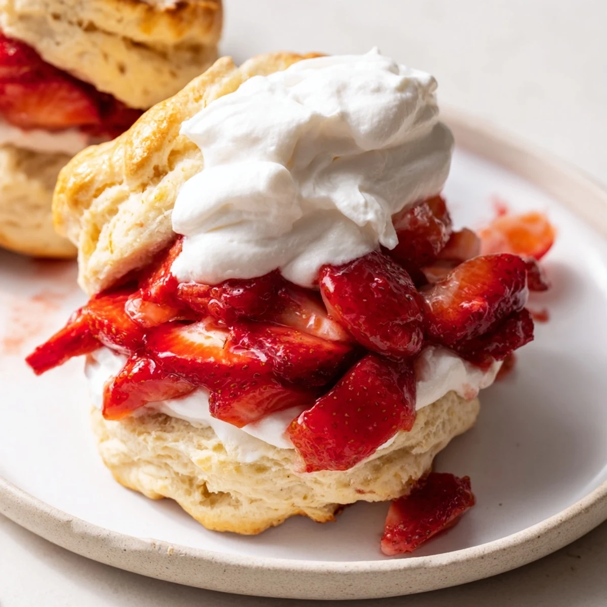 A serving of Strawberry Shortcake with Homemade Biscuits on a rustic plate with sweet strawberry drizzle.