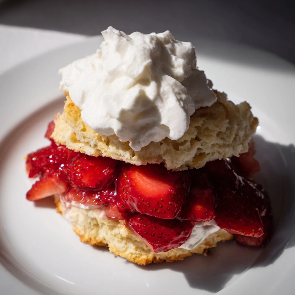 Strawberry Shortcake with Homemade Biscuits topped with fresh whipped cream and juicy red berries.