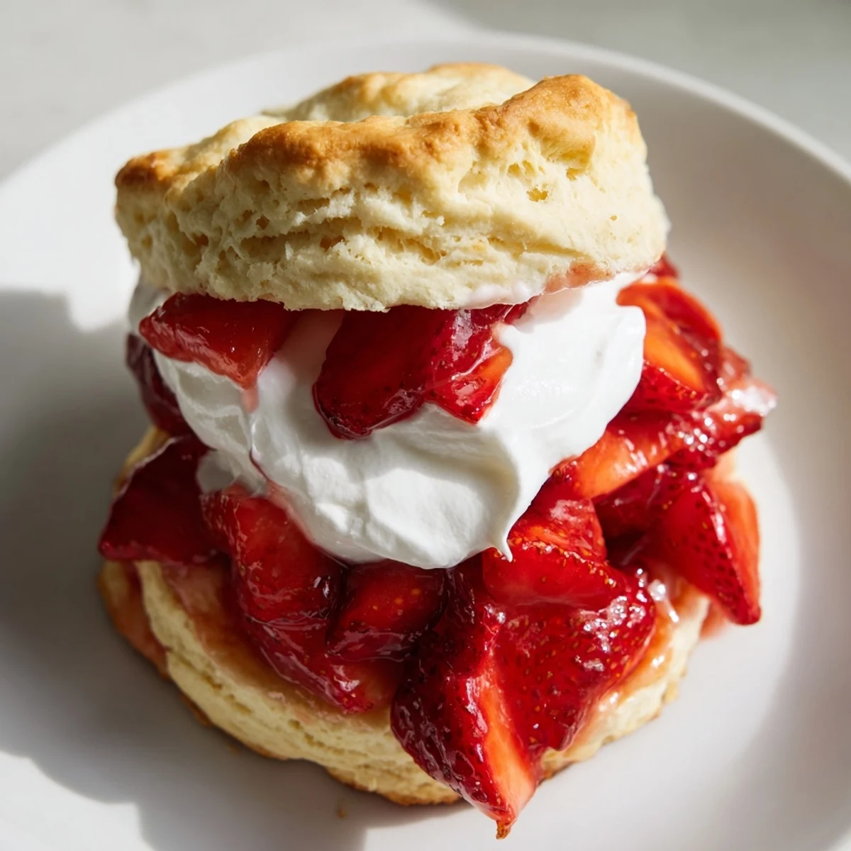 Homemade biscuits layered with macerated strawberries and fluffy cream for classic Strawberry Shortcake.