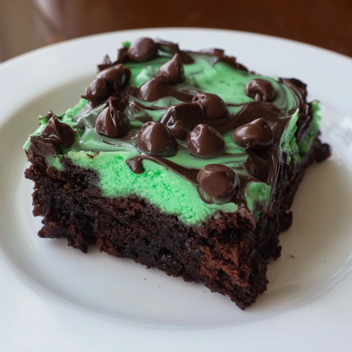 A close-up view of freshly sliced Mint Chocolate Chip Brownies on a white plate, with a melted chocolate swirl on top.