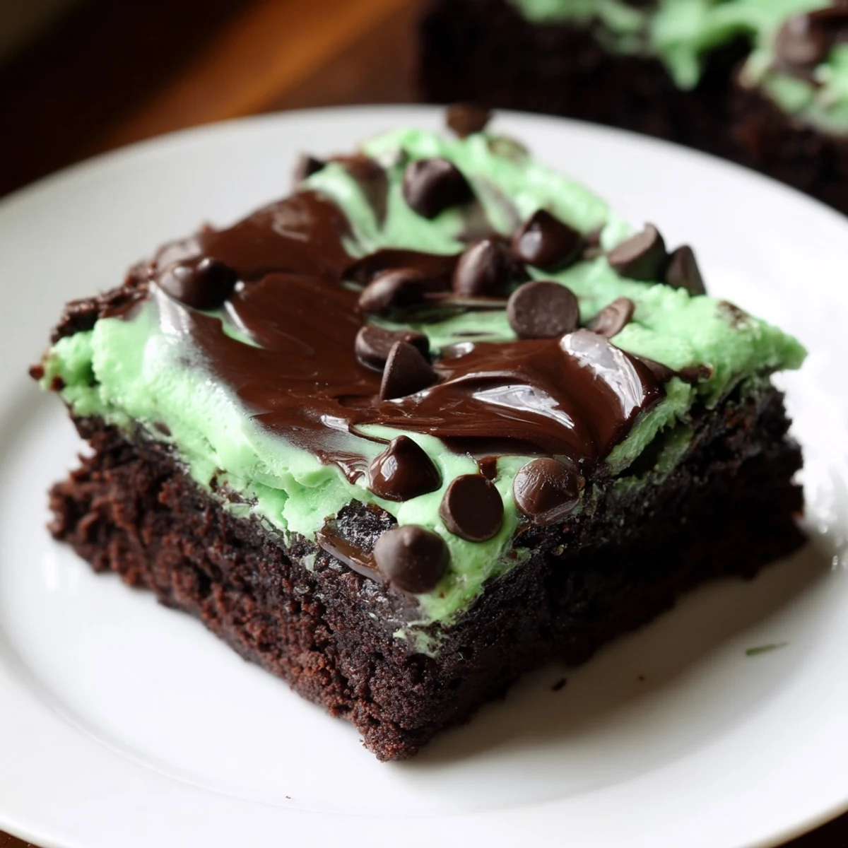 These vibrant green Mint Chocolate Chip Brownies have a glossy chocolate topping and are ready to serve.