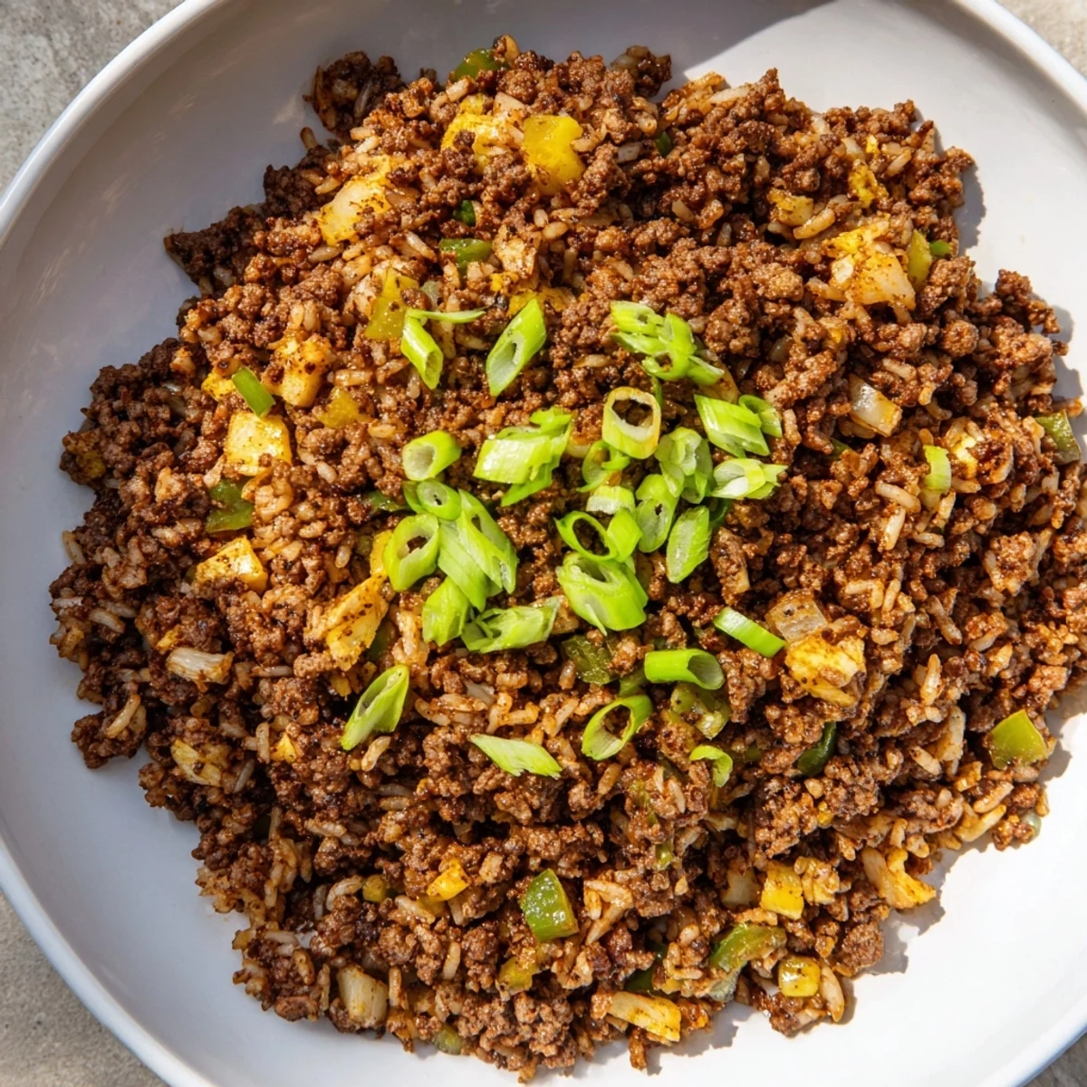 A close-up photo of Cajun Dirty Rice with Ground Beef, showcasing the fluffy rice mixed with browned beef and vibrant diced vegetables.
