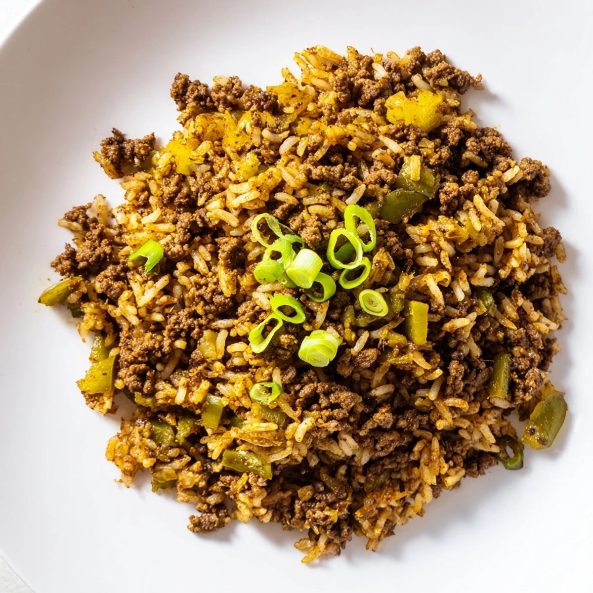 Cajun Dirty Rice with Ground Beef served hot in a rustic skillet, garnished with fresh green onions and ready to enjoy.