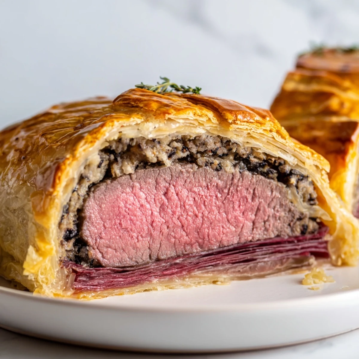 This elegant Beef Wellington features buttery puff pastry and a rich, earthy mushroom filling, perfect for a special dinner.
