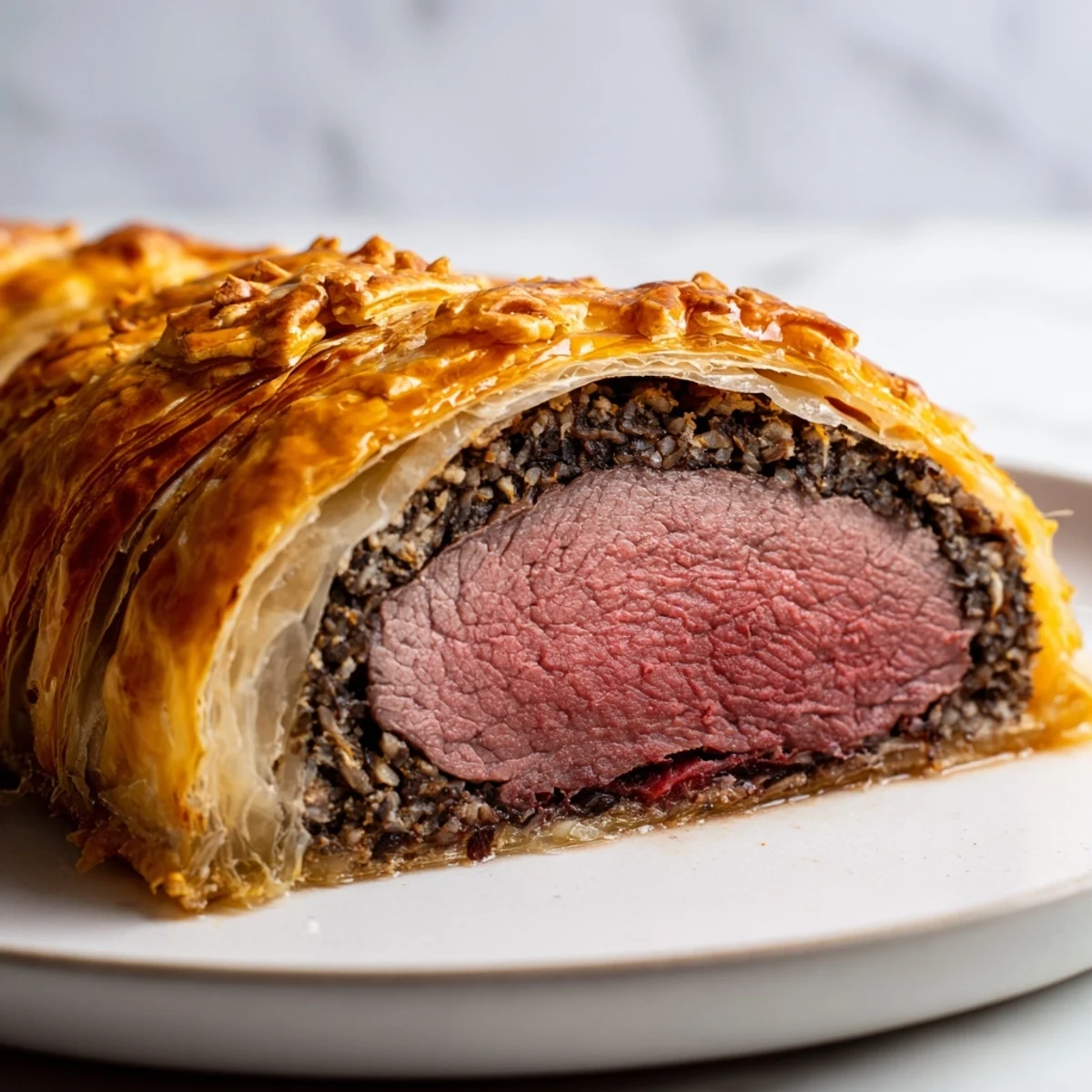 Sliced Beef Wellington reveals juicy medium-rare beef wrapped in prosciutto and mushroom duxelles, served on a wooden board.