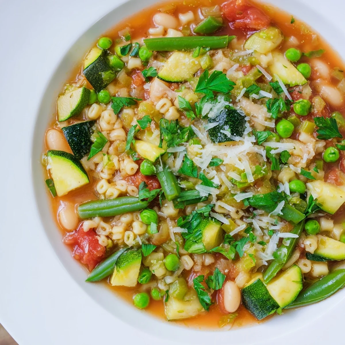 Spring Vegetable Minestrone Soup garnished with parsley and parmesan, served with crusty bread on the side.