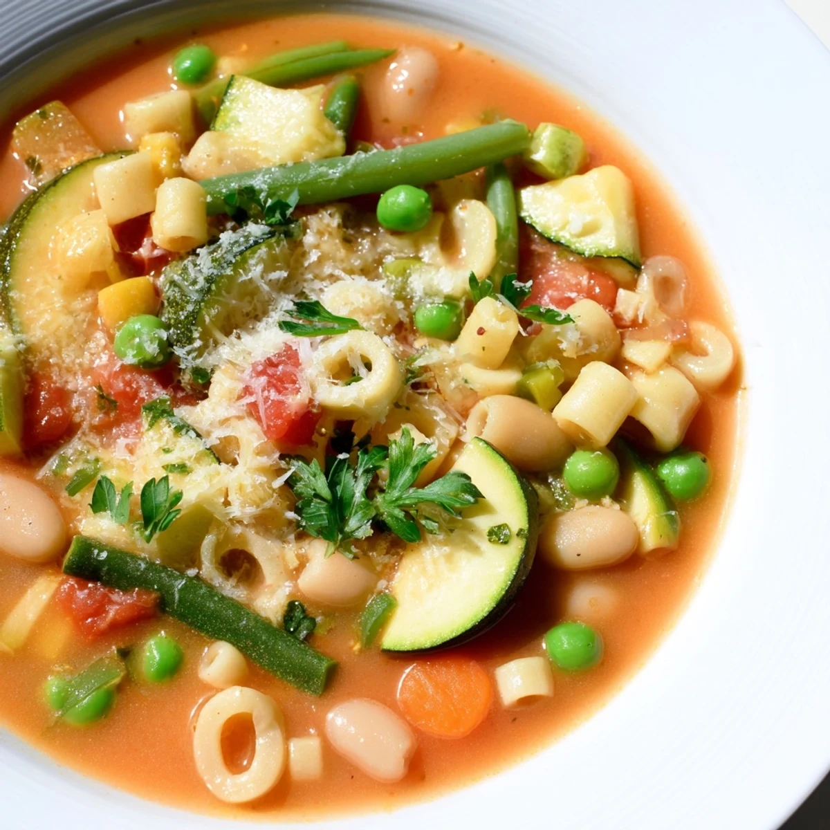 A steaming bowl of Spring Vegetable Minestrone Soup with tender pasta, fresh peas, and carrots.