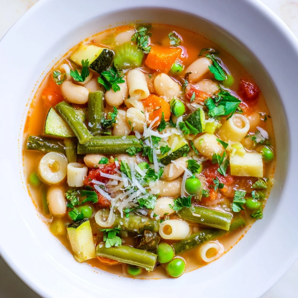 Close-up of Spring Vegetable Minestrone Soup featuring green beans, zucchini, and spinach in a rich broth.
