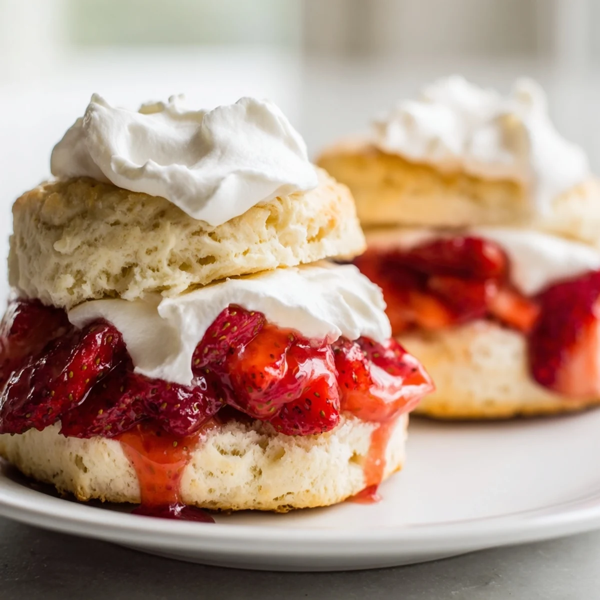 Freshly baked Strawberry Shortcake with Homemade Buttermilk Biscuits served on a white plate, topped with a soft peak of vanilla whipped cream.