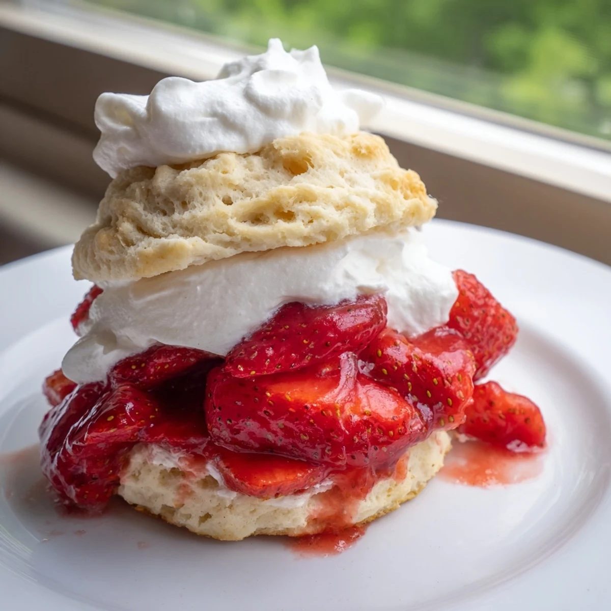 A close-up of a slice of Strawberry Shortcake with Homemade Buttermilk Biscuits, revealing tender crumb layers and syrupy red berries.