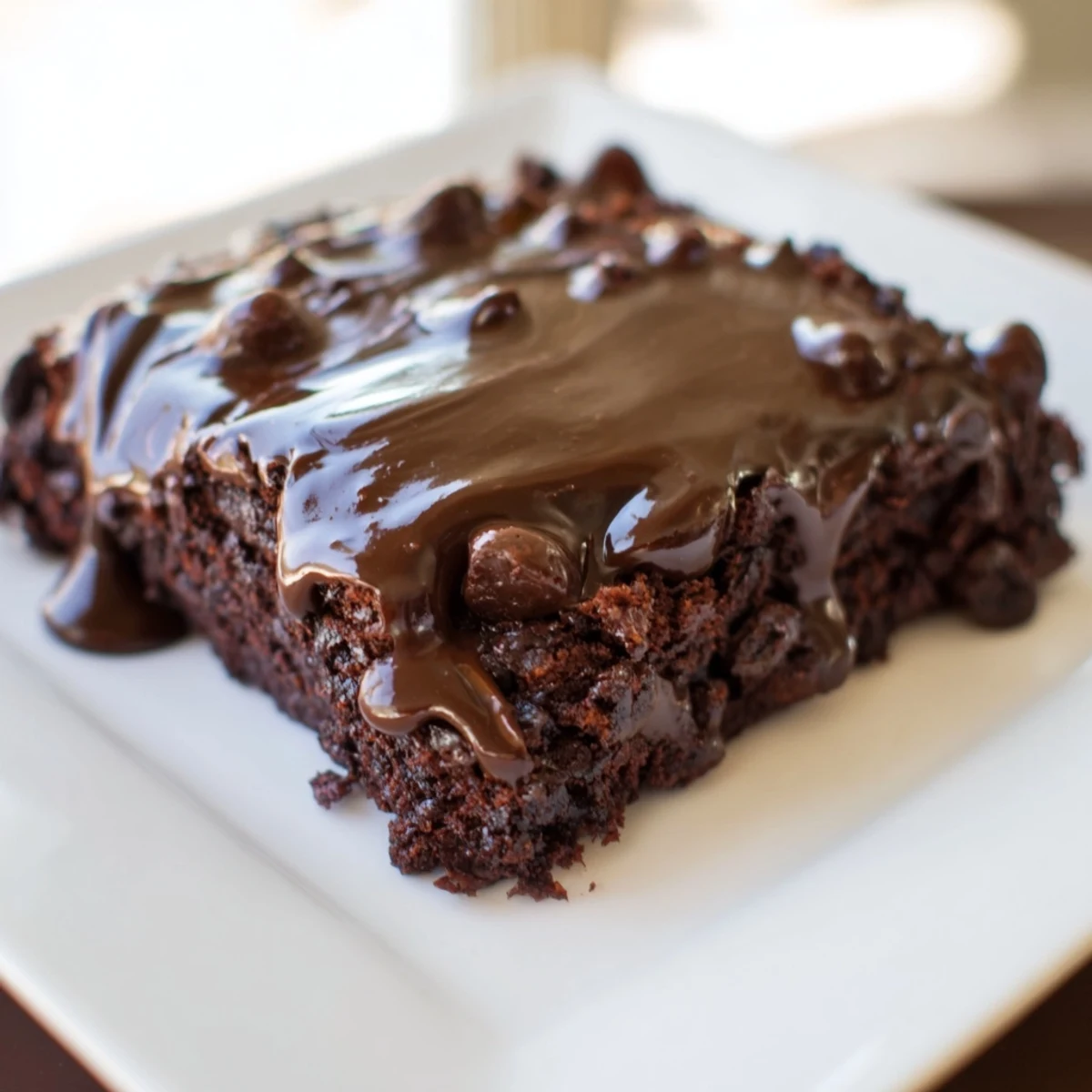 A slice of Mint Chocolate Chip Brownies with Ganache reveals moist crumb texture and gooey mint-infused chocolate chips inside.