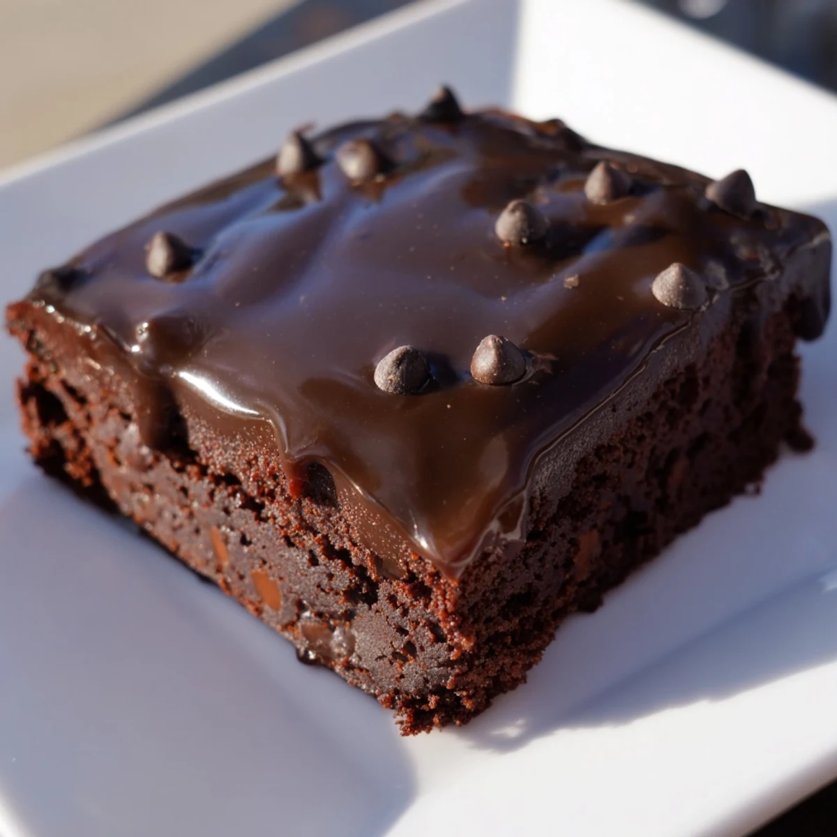 Fresh Mint Chocolate Chip Brownies with Ganache on a white plate, garnished with mint leaves for a bright, cool contrast.
