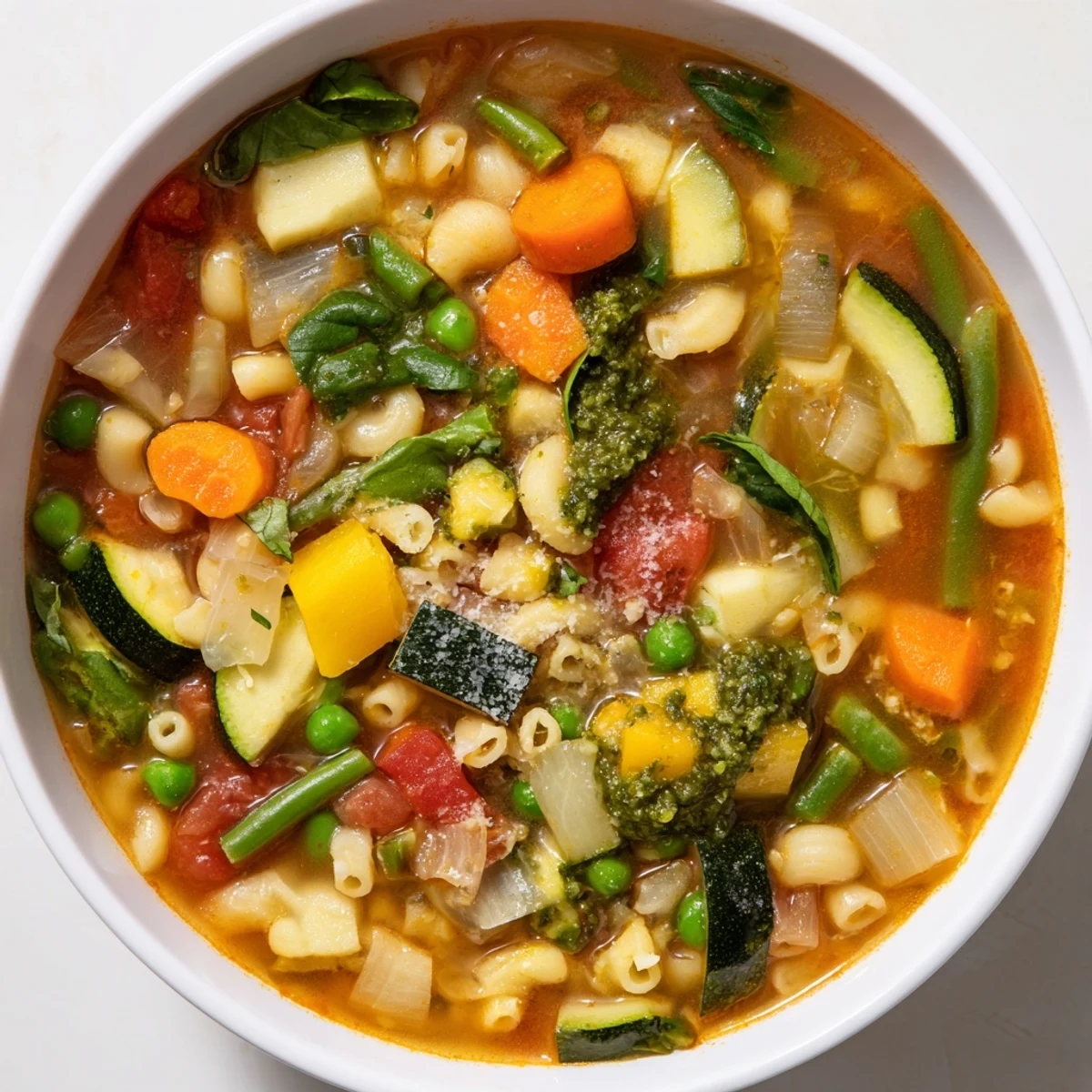 A warm bowl of Spring Vegetable Minestrone with Pesto Swirl, overflowing with peas, zucchini, and fresh spinach for a comforting lunch.