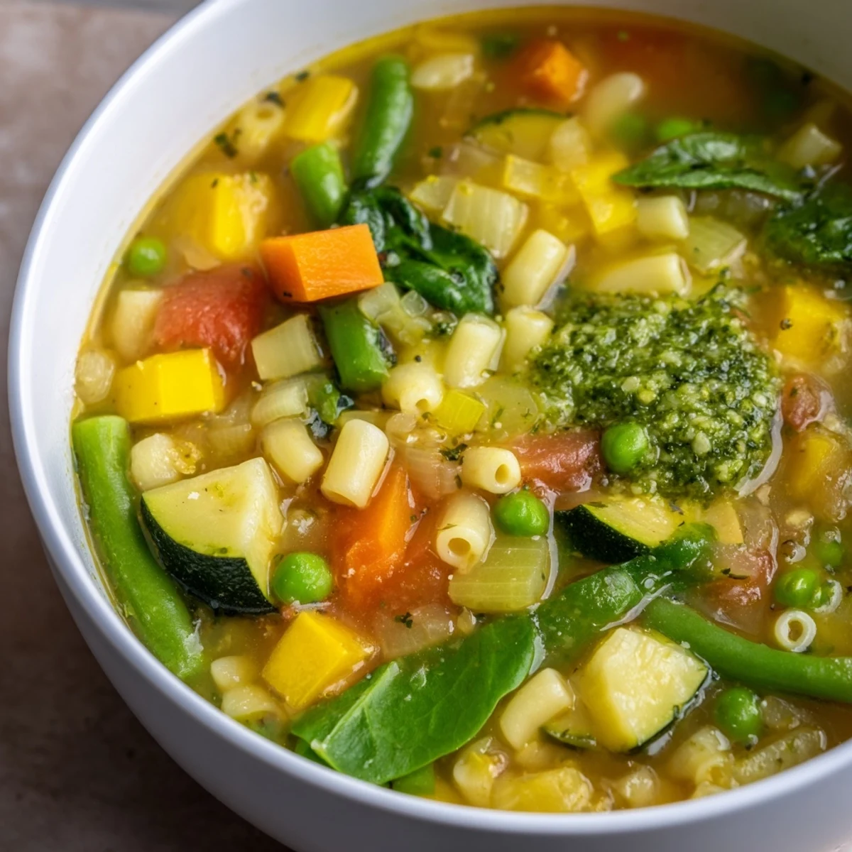 A ladle of Spring Vegetable Minestrone with Pesto Swirl served in a rustic mug, aromatic basil oil floating on top of the broth.