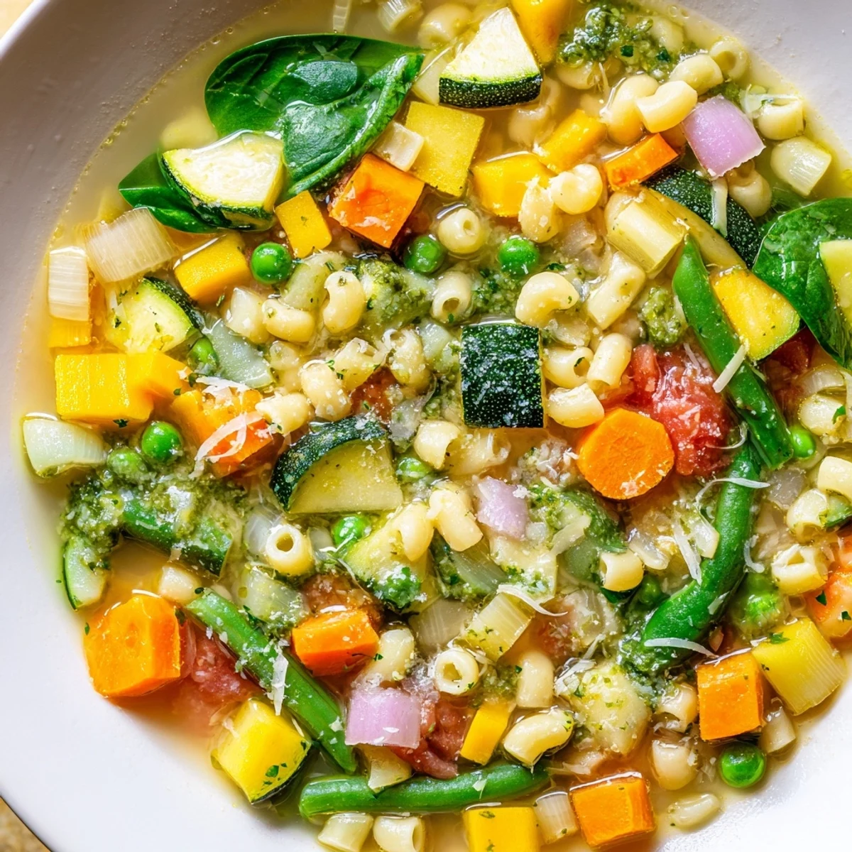Close up of Spring Vegetable Minestrone with Pesto Swirl, showing diced carrots, tender beans, and green pasta in a tomato-based broth.