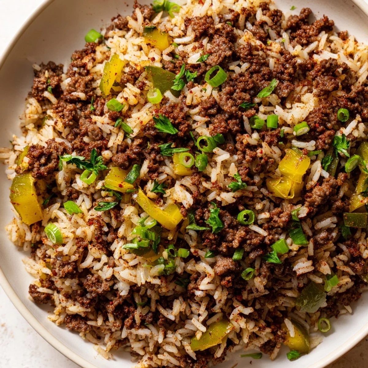 Hearty bowl of Cajun Dirty Rice with Ground Beef and Herbs, steam rising from the savory mix of spiced meat, celery, and bell peppers.
