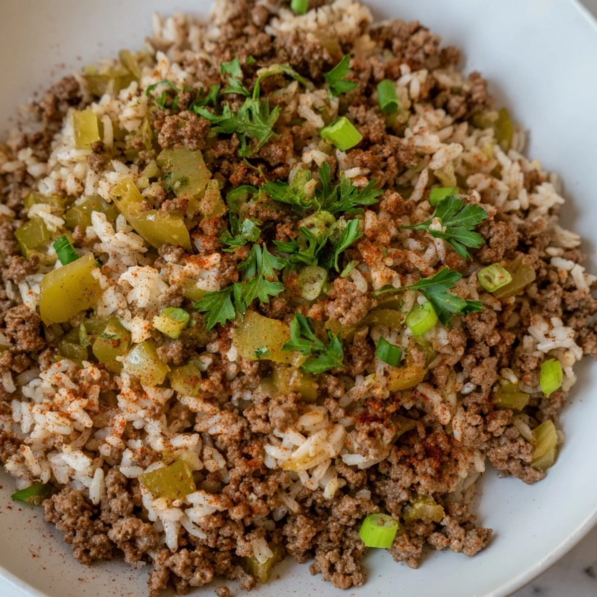 A close-up of Cajun Dirty Rice with Ground Beef and Herbs, featuring fluffy rice mixed with browned beef, peppers, and green onions on a rustic plate.