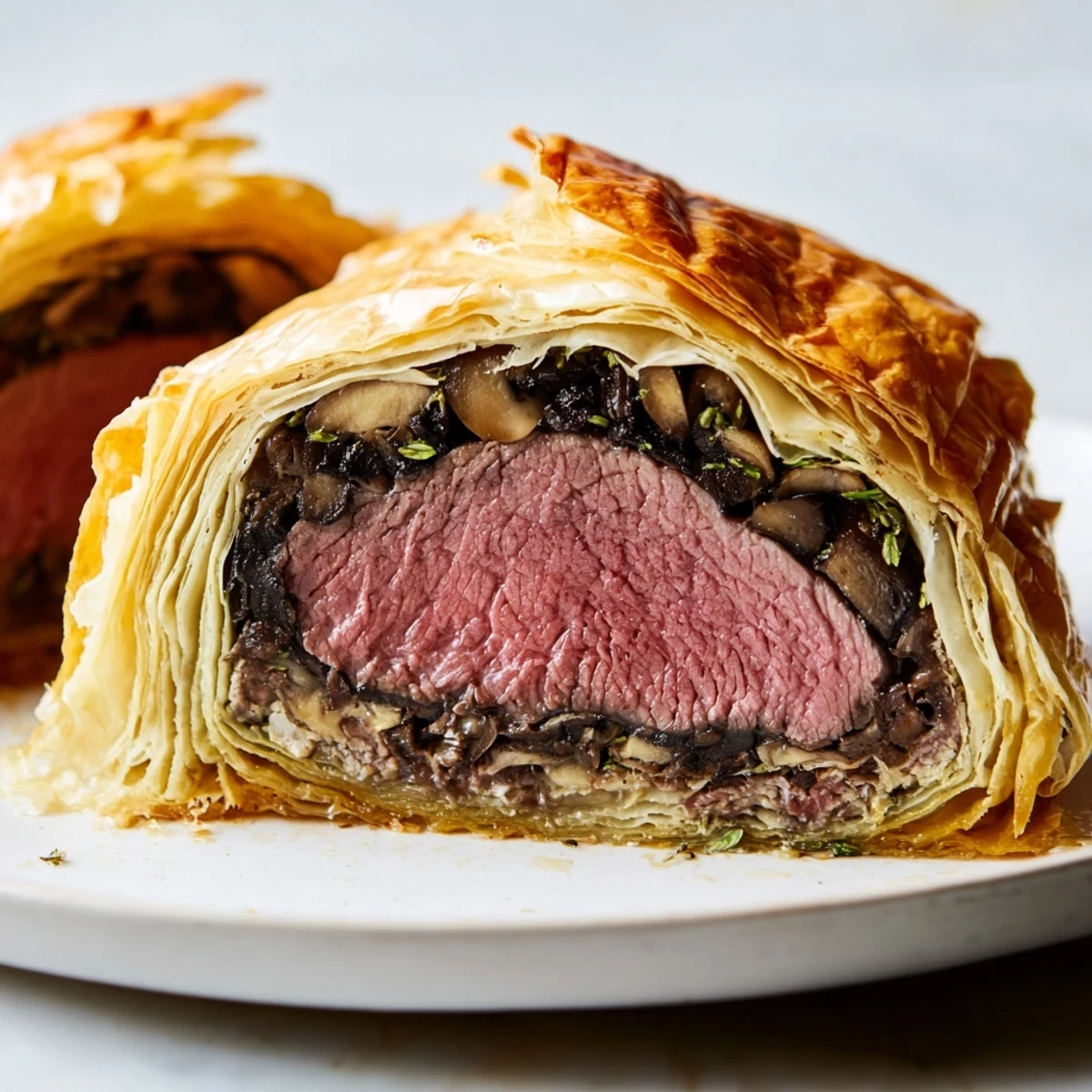Golden-brown Beef Wellington with Mushroom Duxelles and Pastry, sliced open to show tender beef and rich filling.