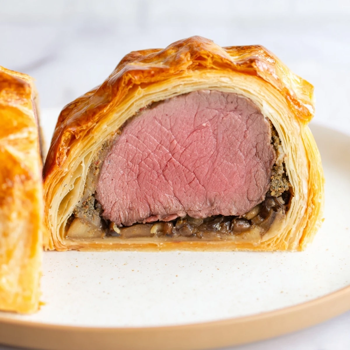 Savory Beef Wellington with Mushroom Duxelles and Pastry plated beside roasted vegetables and a glass of red wine.