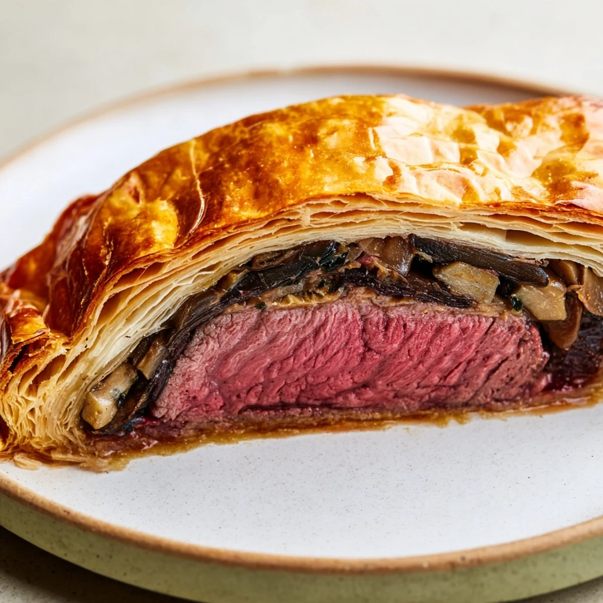 Freshly baked Beef Wellington with Mushroom Duxelles and Pastry resting on a cutting board with herbs nearby.