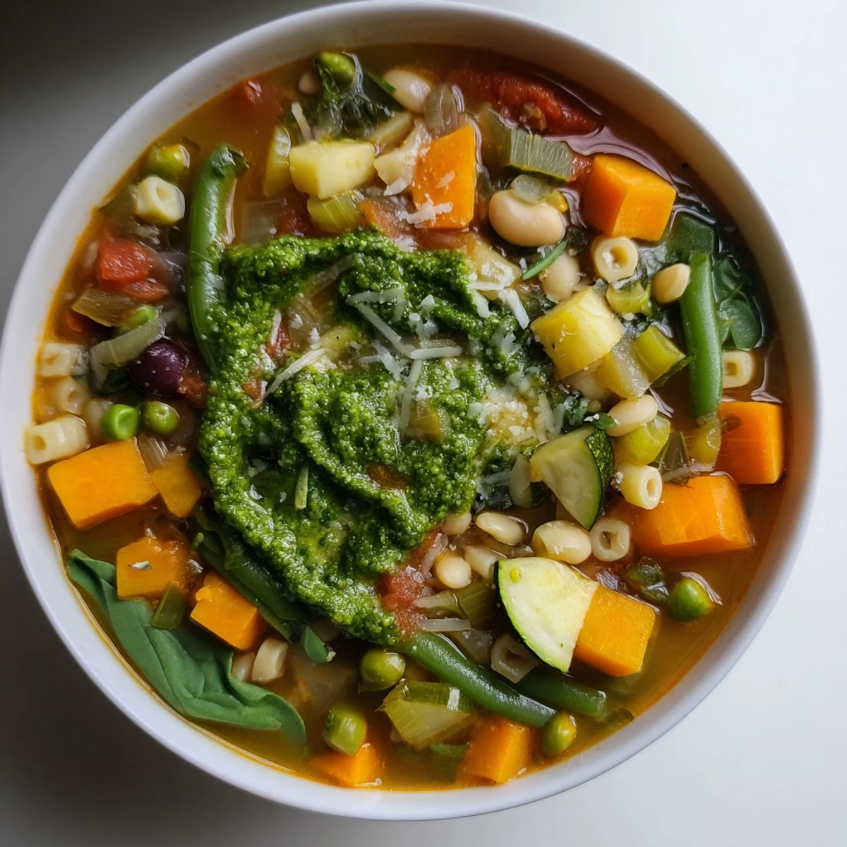 A hearty bowl of Spring Vegetable Minestrone with Pesto Swirl, topped with fresh green peas and spinach leaves.