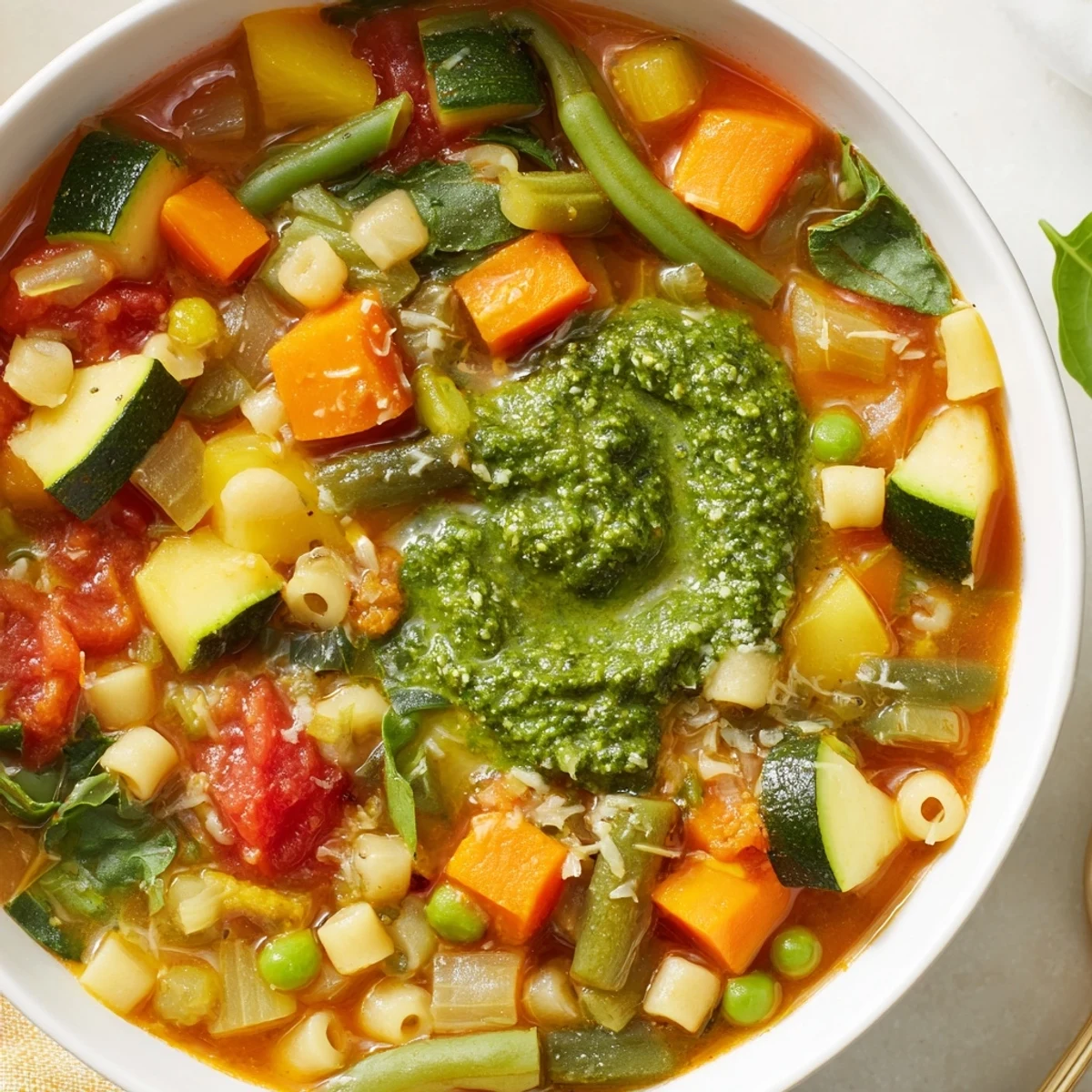 Spring Vegetable Minestrone with Pesto Swirl served steaming hot in a rustic bowl with crusty bread on the side.