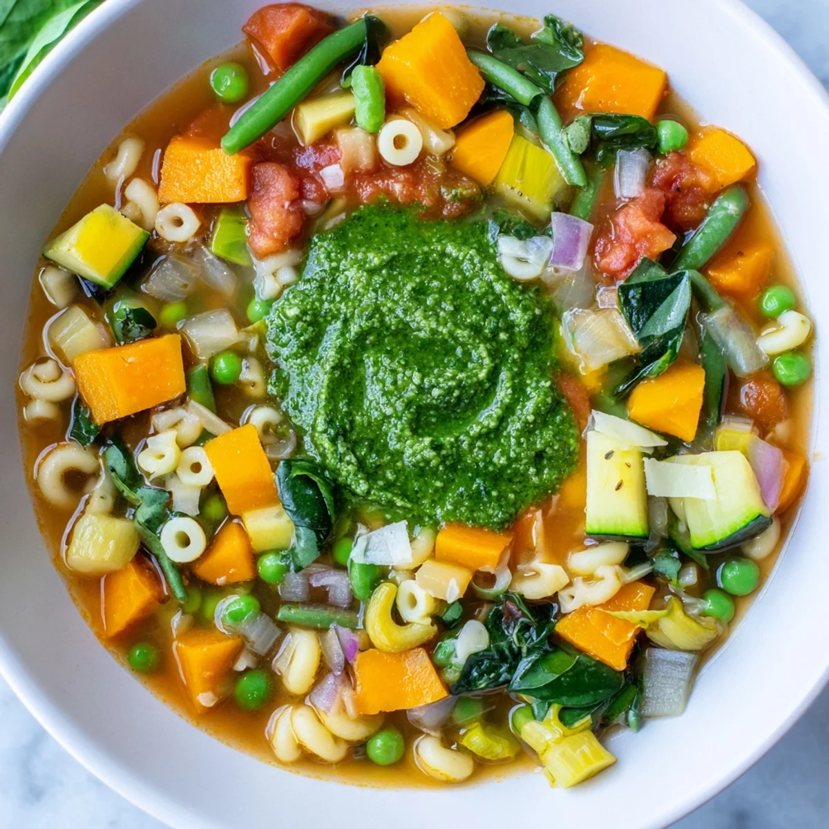 Close-up of Spring Vegetable Minestrone with Pesto Swirl featuring tender zucchini and cannellini beans in a rich broth.