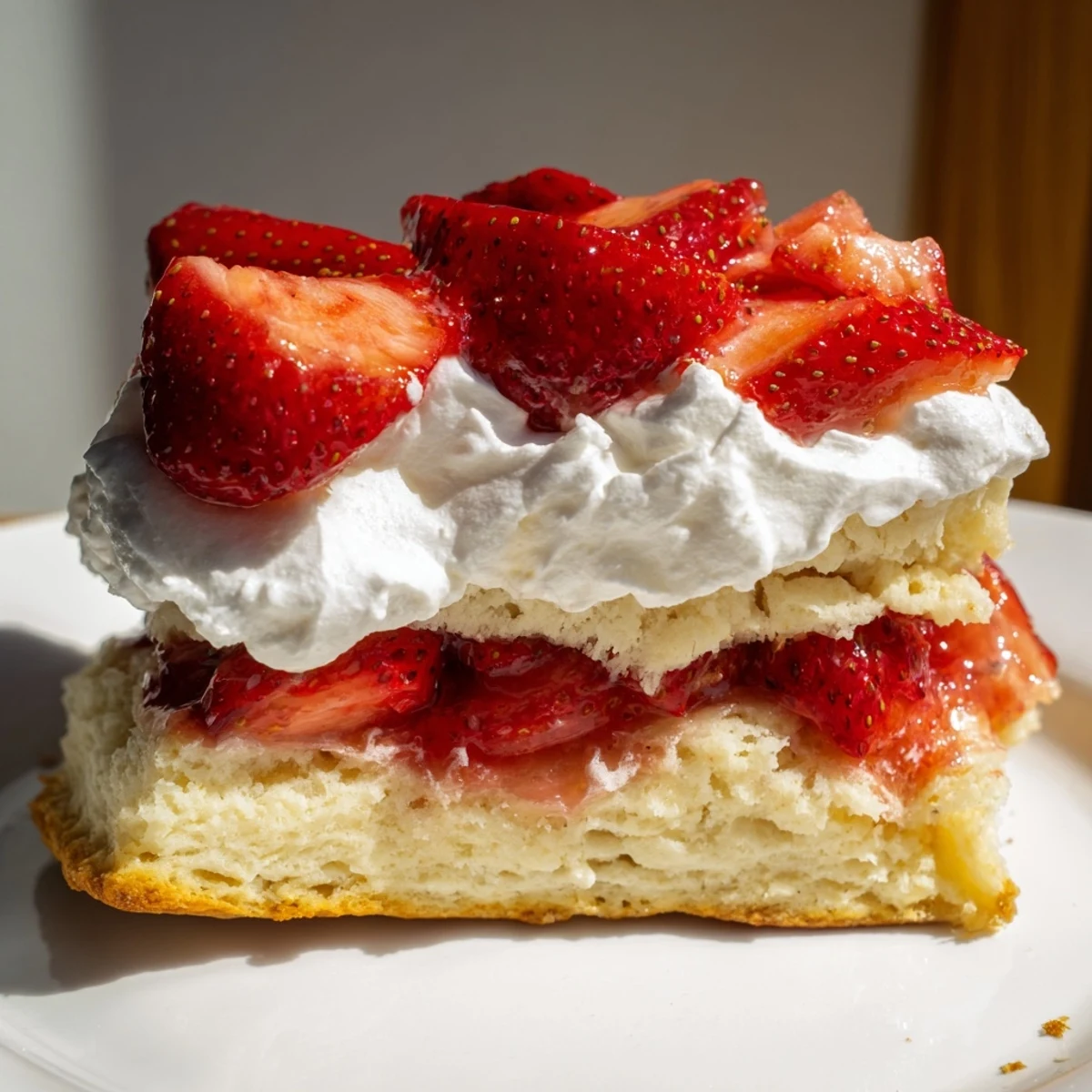 Freshly baked golden buttermilk biscuits sliced open, layered with juicy sliced strawberries and billowy whipped cream for a summer dessert.