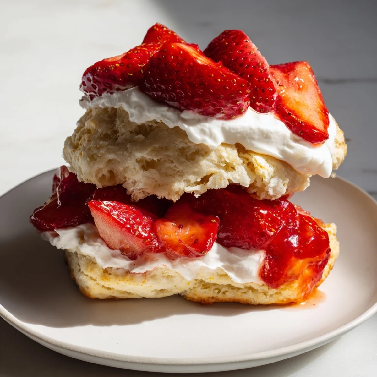 Homemade Strawberry Shortcake with Buttermilk Biscuits plated on a rustic table, ready to serve with fresh berries and whipped cream.