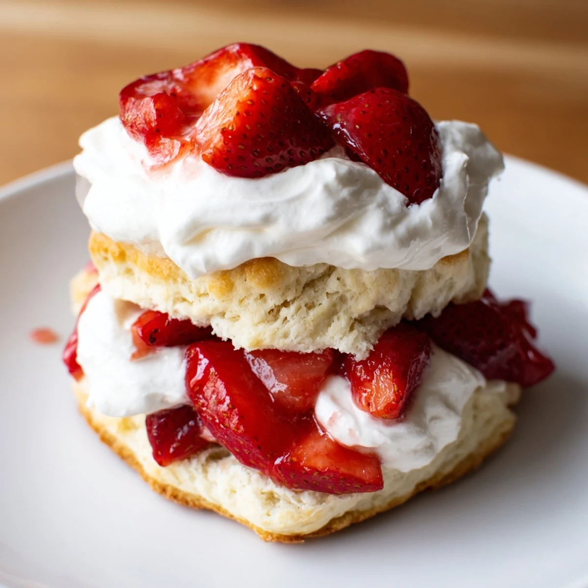 A close-up of Strawberry Shortcake with Homemade Buttermilk Biscuits topped with sweet macerated berries and a dollop of fresh cream.
